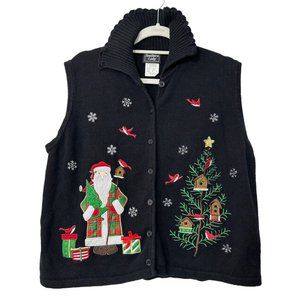Southern Lady Black Christmas Embroidered Santa Cardinal Button Vest Size L